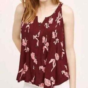 Maeve Anthropologie Floral Swing Tank Top Maroon Sleeveless Button Detail